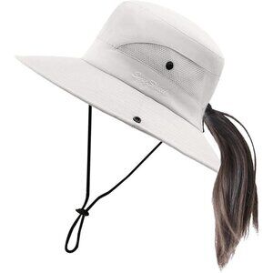 Women's White Wide Brim Mesh Vent Boonie With Chin Strap Classic Cowboy Hat